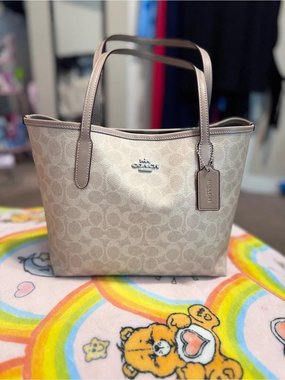 Coach Beige Signature Tote with Taupe Trim